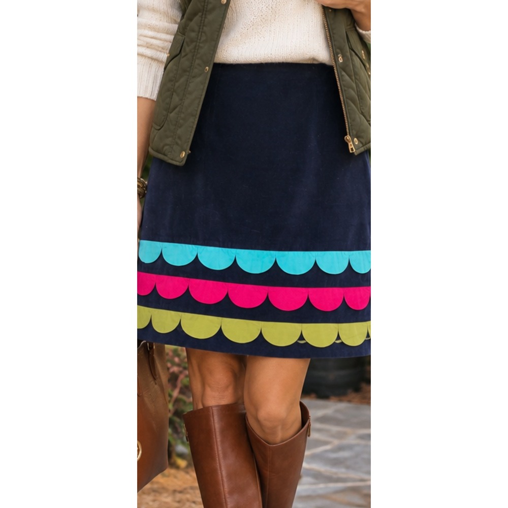 Boden Navy Blue Cotton Velvet Scallop Trim Knee Length Skirt W0415 US 10L
